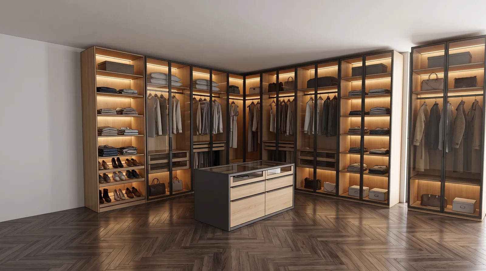 Custom walk-in closet with lighting