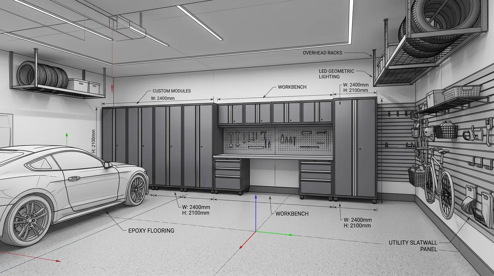 3D technical drawing of a garage