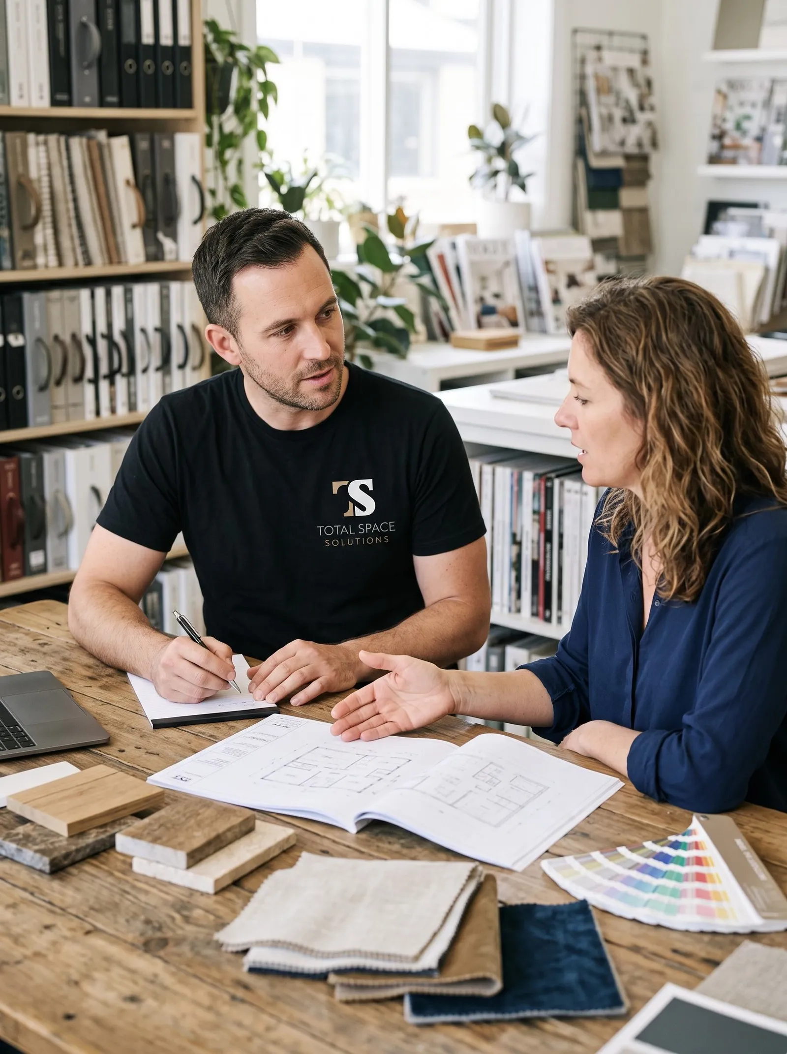 Designer reviewing a plan with a homeowner