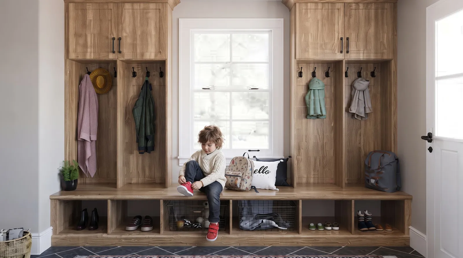 Custom mudroom with benches and lockers