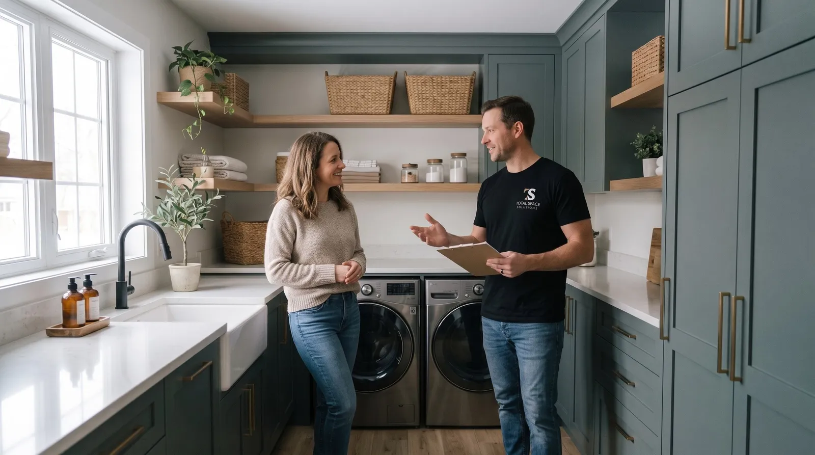 Designer meeting a homeowner in a laundry room