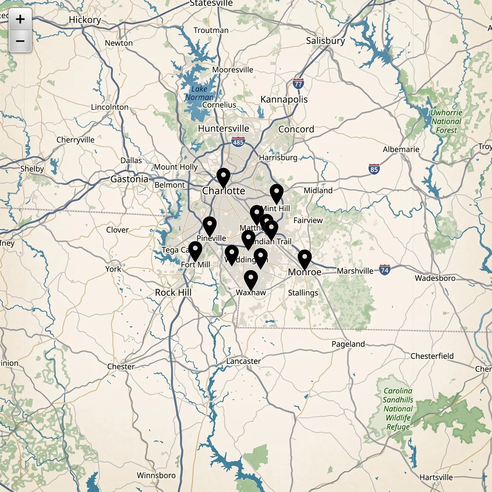 Service area map around Monroe, NC